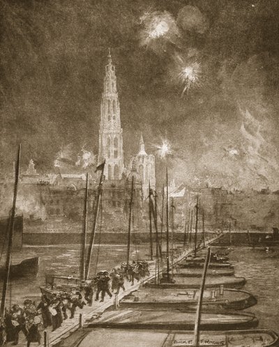 Fugitives from Antwerp crossing the Pontoon Bridge over the Scheldt by Alick P. F. Ritchie